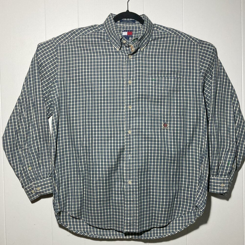 Vintage Tommy Hilfiger Shirt Mens L gg Blue Check Button Up Crest Logo